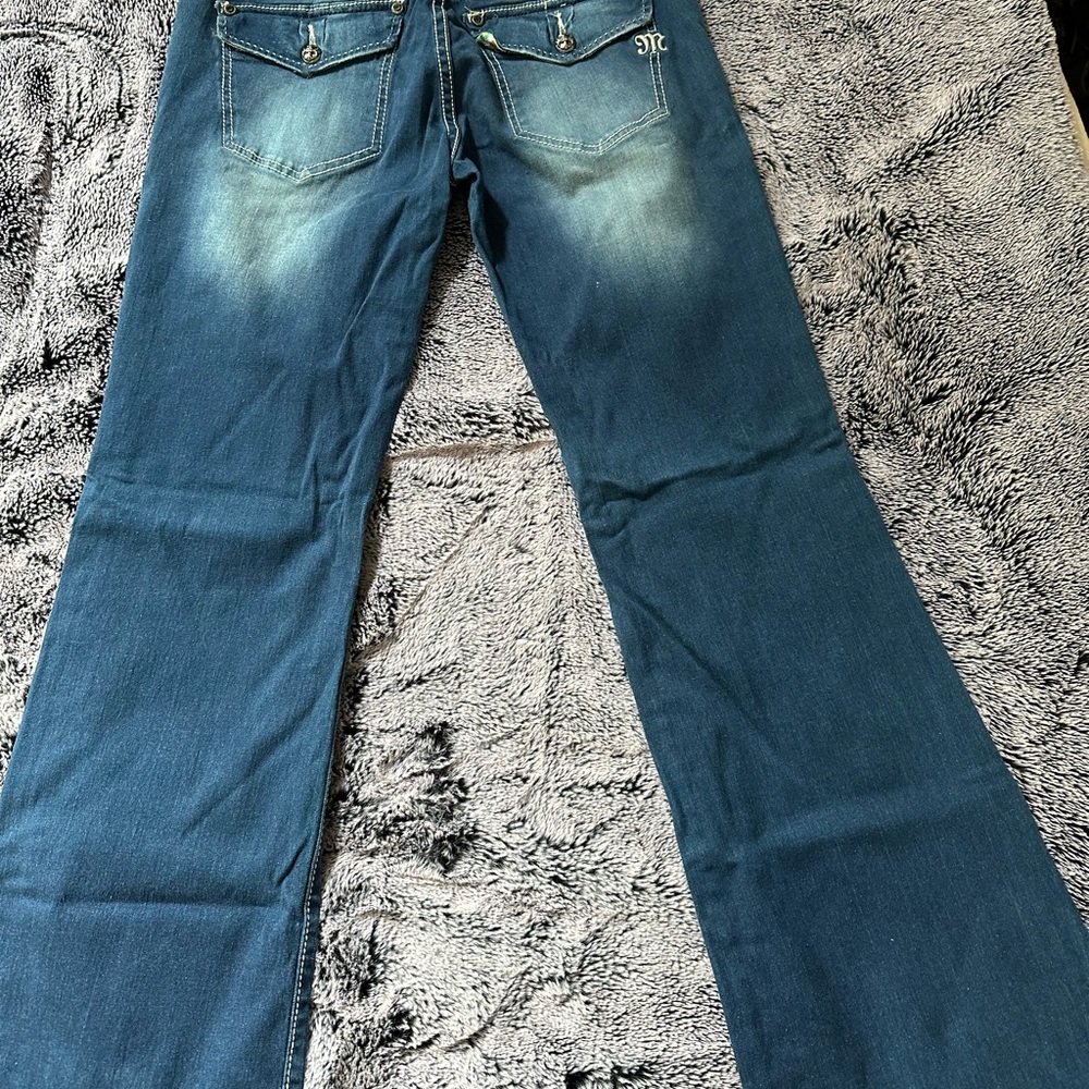 Blue Flare Wide Leg Jeans with Natural Fading